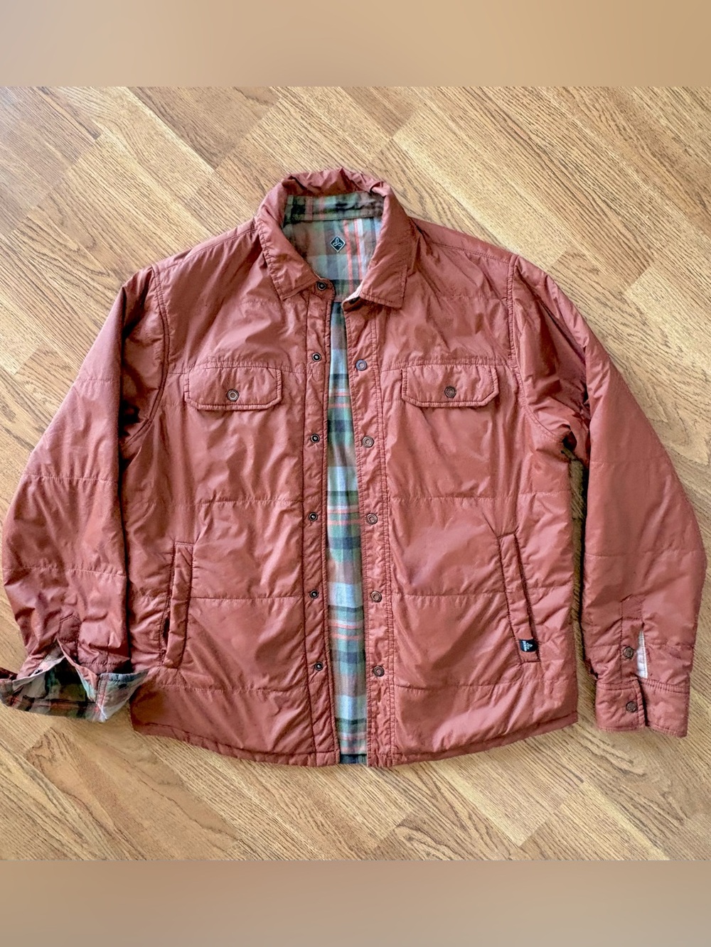 prAna Breathe Reversible Quilted Plaid Shirt Jacket Shacket Orange Flannel M